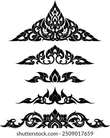 Thai art is flat illustrations with silhouette patterns with motifs and elements that are seen in the Thai pattern designs' silhouettes that use as decorations for Asian style, luxury, royal, temples.