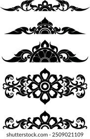 Thai art is flat illustrations with silhouette patterns with motifs and elements that are seen in the Thai pattern designs' silhouettes that use as decorations for Asian style, luxury, royal, temples.