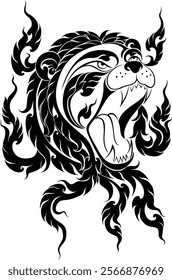 Thai art ornate pattern elements in the silhouette of a lion's head that can be used for tattoos, logos, or contemporary graphic design.