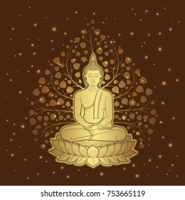 thai art temple and buddha on lotus background pattern decoration for flyers, poster, web, banner, sticker and card vector illustration