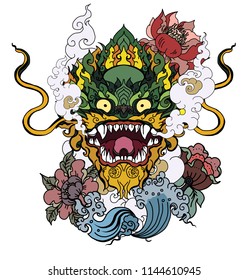 Thai art traditional tattoo design. Naga is King of snake and animal of budhism. Thai Dragon isolate vector, Line Thai is Thailand Style and Tattoo design.