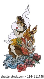Thai art traditional tattoo design.Beautiful Kinnaree is thai lady with wing and water wave on cloud and moon background.Thai fairy tail with flower sitdown on rock and ocean tattoo.
