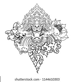 Thai art traditional tattoo design.Hanuman Monkey face design with wave and peony flower on cloud background.Thai Demon mask and Line Thai style.Hand drawn and coloring book Monkey mask.