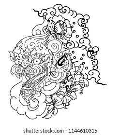 Thai art traditional tattoo design.Hanuman Monkey face design with wave and peony flower on cloud background.Thai Demon mask and Line Thai style.Hand drawn and coloring book Monkey mask.