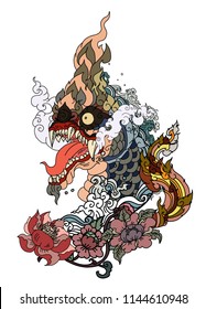 Thai art traditional tattoo design.Naga is King of snake and animal of budhism.Thai Dragon isolate vector, Line Thai is Thailand Style and Tattoo design.
