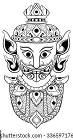 Thai or asian demon head in black line art. Vector, isolated on white.