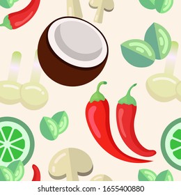 Sopa tailandesa auténtica (Tom Kha, Tom Yum) sin fisuras vectoriales. Ilustración de la comida en estilo plano. Textura de fondo para papel de envoltura, sala de comida, paquete. Coco, verduras y hierbas en colores claros.