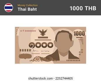 Thai baht 1000 banknone. Paper money of Thailand. One thousand THB. Flat icon style. Ready cash. Currency note symbol. Vector illustration.