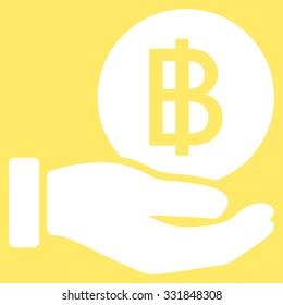 Thai Baht Coin Payment vector icon. Style is flat white symbol, rounded angles, yellow background.