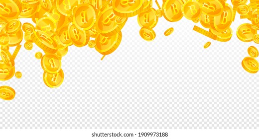 Thai baht coins falling. Dazzling scattered THB coins. Thailand money. Appealing jackpot, wealth or success concept. Vector illustration.