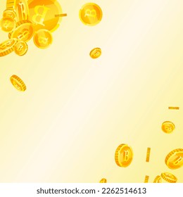 Thai baht coins falling. Gold scattered THB coins. Thailand money. Global financial crisis concept. Square vector illustration.