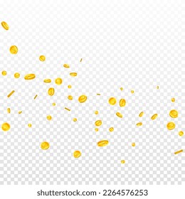 Las monedas tailandesas de baht caen. Monedas de THB esparcidas de oro. Dinero tailandés. Concepto de crisis financiera global. Ilustración vectorial cuadrada.