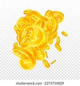 Thai baht coins falling. Gold scattered THB coins. Thailand money. Great business success concept. Square vector illustration.