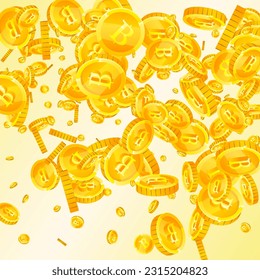 Thai baht coins falling. Gold scattered THB coins. Thailand money. Global financial crisis concept. Square vector illustration.