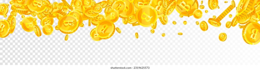 Thai baht coins falling. Gold scattered THB coins. Thailand money. Great business success concept. Panoramic vector illustration.