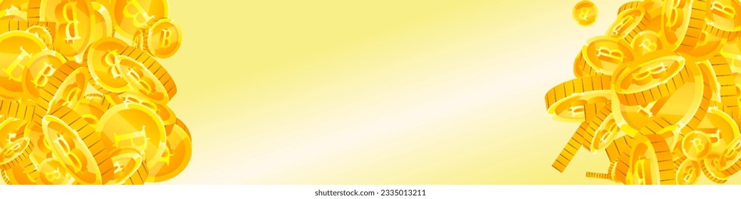 Thai baht coins falling. Gold scattered THB coins. Thailand money. Great business success concept. Panoramic vector illustration.