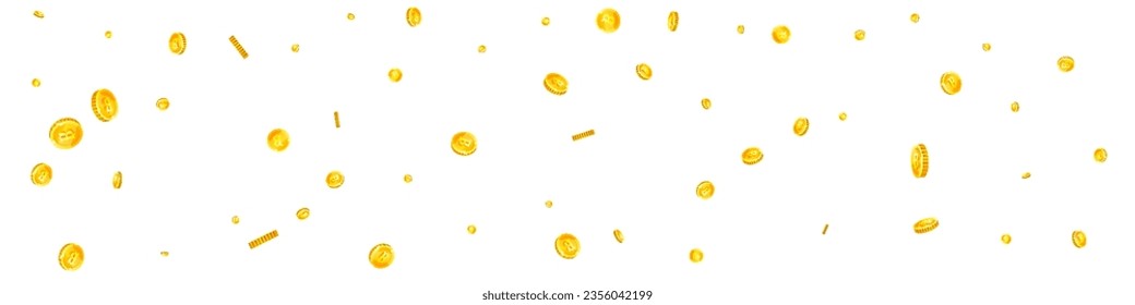 Thai baht coins falling. Gold scattered THB coins. Thailand money. Jackpot wealth or success concept. Panoramic vector illustration.