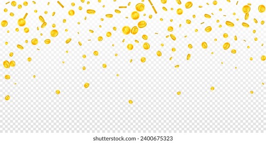 Thai baht coins falling. Gold scattered THB coins. Thailand money. Great business success concept. Wide vector illustration.