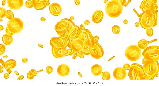 Thai baht coins falling. Gold scattered THB coins. Thailand money. Jackpot wealth or success concept. Wide vector illustration.