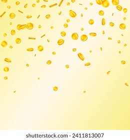 Thai baht coins falling. Gold scattered THB coins. Thailand money. Great business success concept. Square vector illustration.