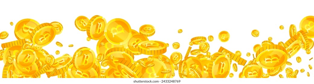 Thai baht coins falling. Gold scattered THB coins. Thailand money. Great business success concept. Panoramic vector illustration.