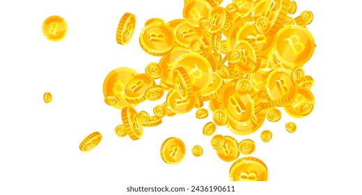 Thai baht coins falling. Gold scattered THB coins. Thailand money. Jackpot wealth or success concept. Wide vector illustration.