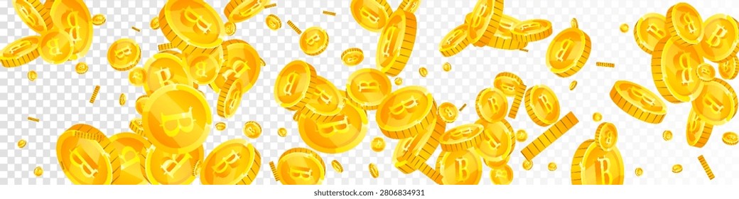 Thai baht coins falling. Gold scattered THB coins. Thailand money. Jackpot wealth or success concept. Panoramic vector illustration.