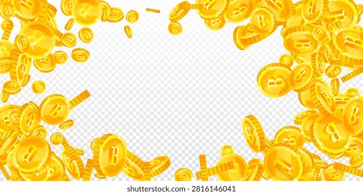 Thai baht coins falling. Gold scattered THB coins. Thailand money. Great business success concept. Wide vector illustration.