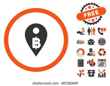 Thai Baht Map Marker icon with free bonus pictograph collection. Vector illustration style is flat iconic bicolor symbols, orange and gray colors, white background.