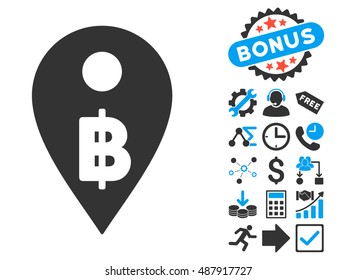 Thai Baht Map Marker icon with bonus clip art. Vector illustration style is flat iconic bicolor symbols, blue and gray colors, white background.