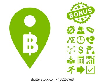 Thai Baht Map Marker icon with bonus design elements. Vector illustration style is flat iconic symbols, eco green color, white background.