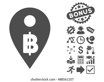Thai Baht Map Marker icon with bonus symbols. Vector illustration style is flat iconic symbols, gray color, white background.
