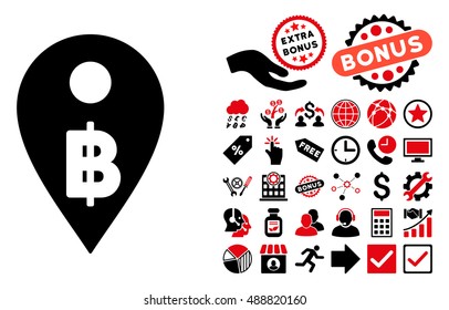 Thai Baht Map Marker icon with bonus pictures. Vector illustration style is flat iconic bicolor symbols, intensive red and black colors, white background.