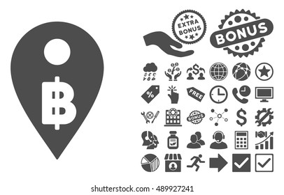 Thai Baht Map Marker icon with bonus symbols. Vector illustration style is flat iconic symbols, gray color, white background.