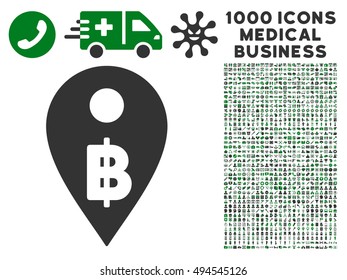Thai Baht Map Marker icon with 1000 medical business green and gray vector pictographs. Design style is flat bicolor symbols, white background.
