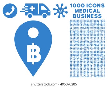 Thai Baht Map Marker icon with 1000 medical business cobalt vector pictographs. Collection style is flat symbols, white background.