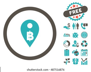 Thai Baht Map Marker pictograph with free bonus pictogram. Vector illustration style is flat iconic bicolor symbols, grey and cyan colors, white background.
