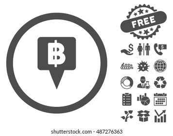 Thai Baht Map Pointer icon with free bonus icon set. Vector illustration style is flat iconic symbols, gray color, white background.