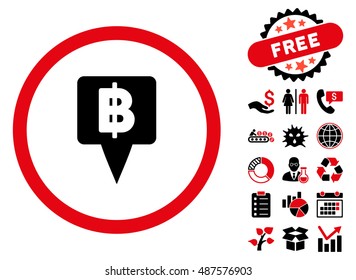 Thai Baht Map Pointer icon with free bonus icon set. Vector illustration style is flat iconic bicolor symbols, intensive red and black colors, white background.