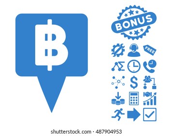 Thai Baht Map Pointer icon with bonus icon set. Vector illustration style is flat iconic symbols, cobalt color, white background.