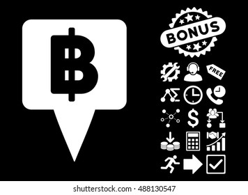 Thai Baht Map Pointer icon with bonus pictures. Vector illustration style is flat iconic symbols, white color, black background.