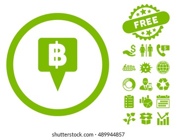 Thai Baht Map Pointer icon with free bonus images. Vector illustration style is flat iconic symbols, eco green color, white background.