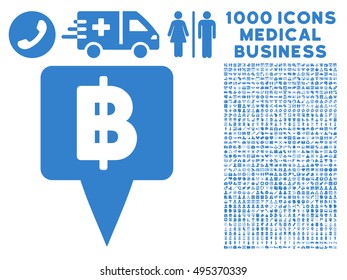 Thai Baht Map Pointer icon with 1000 medical business cobalt vector design elements. Set style is flat symbols, white background.