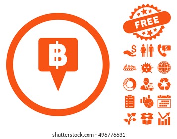 Thai Baht Map Pointer pictograph with free bonus symbols. Vector illustration style is flat iconic symbols, orange color, white background.