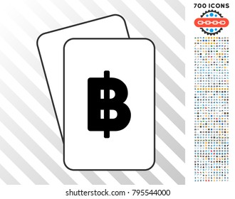 Thai Baht playing cards icon with 7 hundred bonus bitcoin mining and blockchain graphic icons. Flat vector graphics for gambling and bitcoin software.