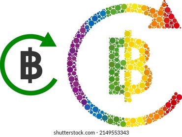 Thai baht repay mosaic icon of filled circles in various sizes and rainbow colorful color tinges. A dotted LGBT-colored Thai baht repay for lesbians, gays, bisexuals, and transgenders.