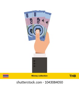 Thai baht sign icon in hand three banknote art new big best illustration isolated cash
