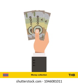 Thai baht sign icon in hand three banknote art new big best illustration isolated cash

