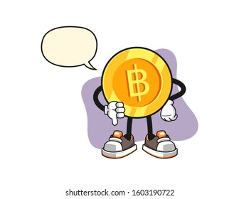 Thai baht thumbs down with speech bubble cartoon. Mascot Character vector.