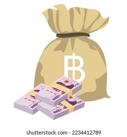 Thai Baht Vector Illustration. Thailand, Cambodia, Laos money set bundle banknote. Money bag 500 THB. Flat style. Isolated on white background. Simple minimal design.